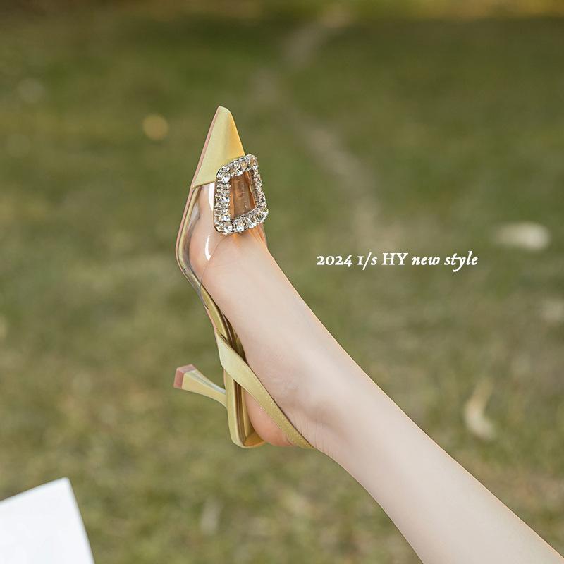Rhinestone square buckle high heels fairy wind transparent bag head sandals female thin heel pointed head empty spring and summer