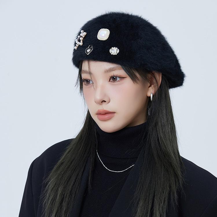 Autumn and winter sweet pearl rhinestone rabbit fur forward hat women's velvet warm face small beret painter hat