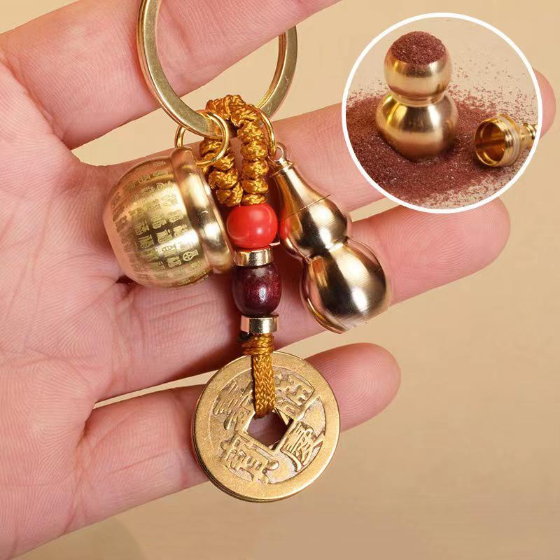 Chinese Feng Shui Gourd Keychain With Five Emperors Money Lucky Pendant Creative Wealth Key Ring Home Office Women Men Bag Charm