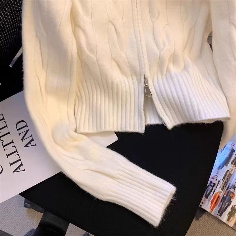 Korean Retro Zippered Embroidered Cable Collar Sweater Jacket for Autumn/Winter