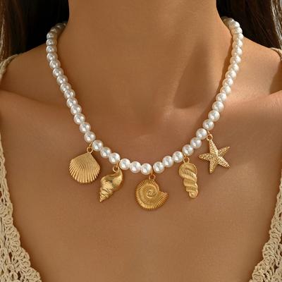 Europe, America, Ocean Wind Alloy Shell Starfish Conch Pendant Necklace, Light Luxury Niche Pearl Jewelry Necklace