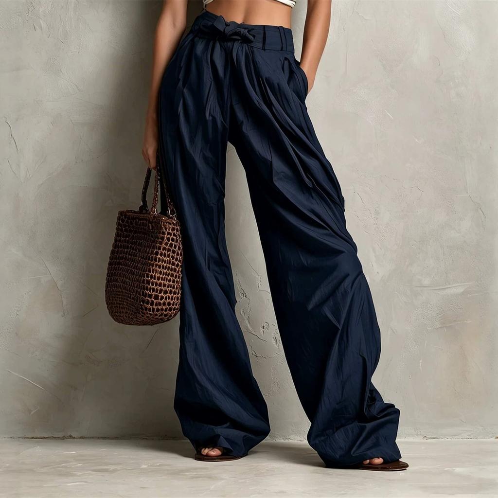 Women High Waist Wide Leg Pants Tie Front Belted Loose Palazzo Pants Multi-Color Casual Flowy Trousers
