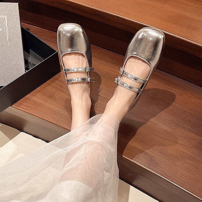 French Silver Mary Jane Single Shoes Women's 2025 Summer and Autumn New Models with Skirts Are Beautiful and Not Tired, Flat Ballet Single Shoes