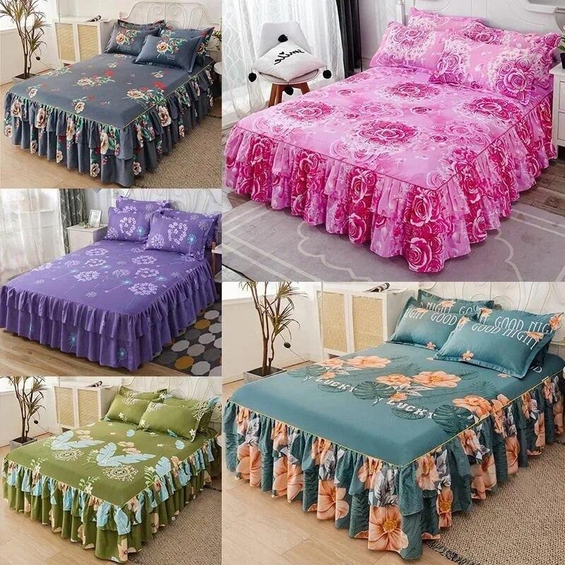 Ruffle Skirt Bedspread Home Textile Printed Bed Skirt Bedroom Coverlets Bedspreads Sheets Dust Cover Bedding 3PCS/Set
