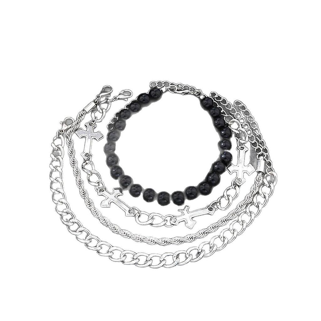 Grenzüberschreitendes Mode-Armbandset aus Edelstahl mit Perlen: Leichter Luxus Dunkles System, 4-teilige Kollektion