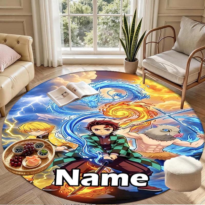 Custom Name Personalized Demon Slayer Print Round Rug, Versatile Home Decor Carpet, for Playroom, Apartment, Balcony, Entryway, Hallway Gift