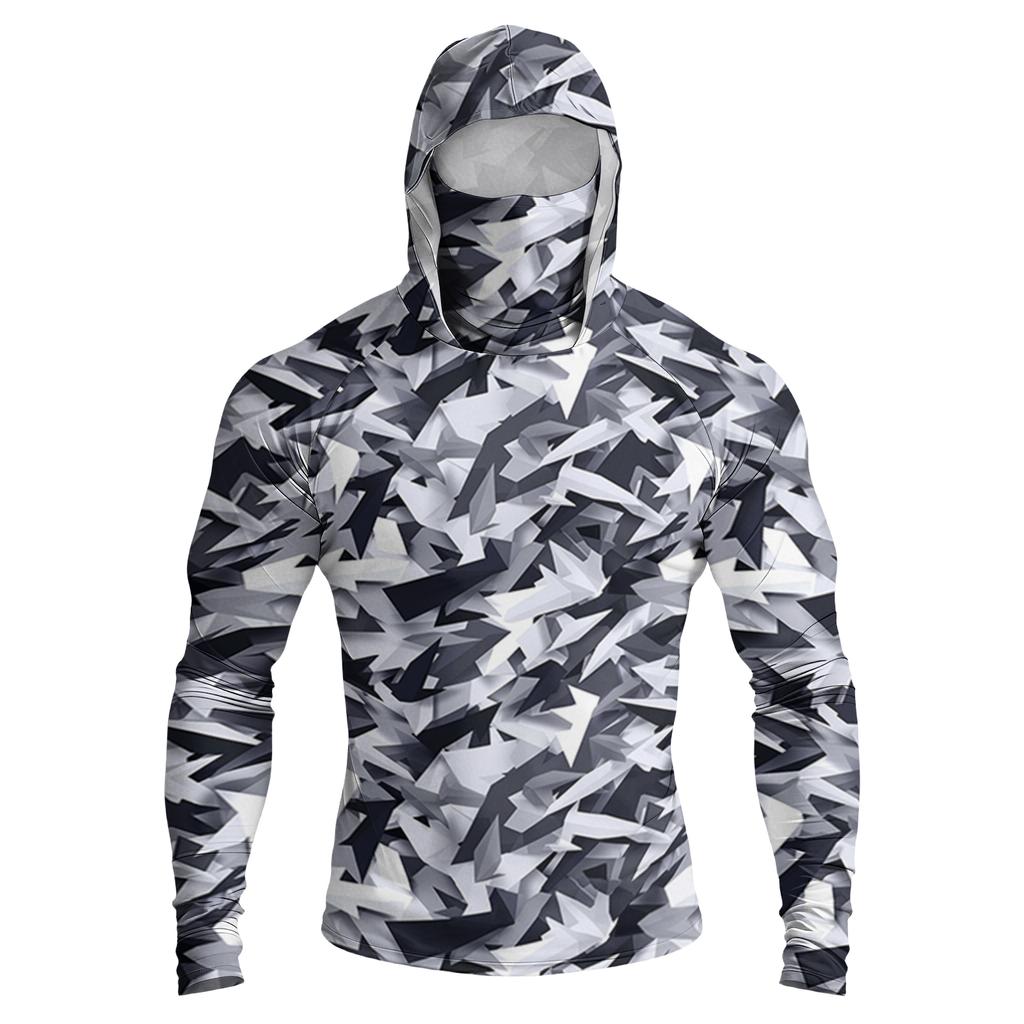 Men’s Long Sleeve Hooded Shirt with Face Cover Leaf Print Lightweight Breathable Quick Dry Athletic Top for Outdoor Sports Fishing Running Hiking