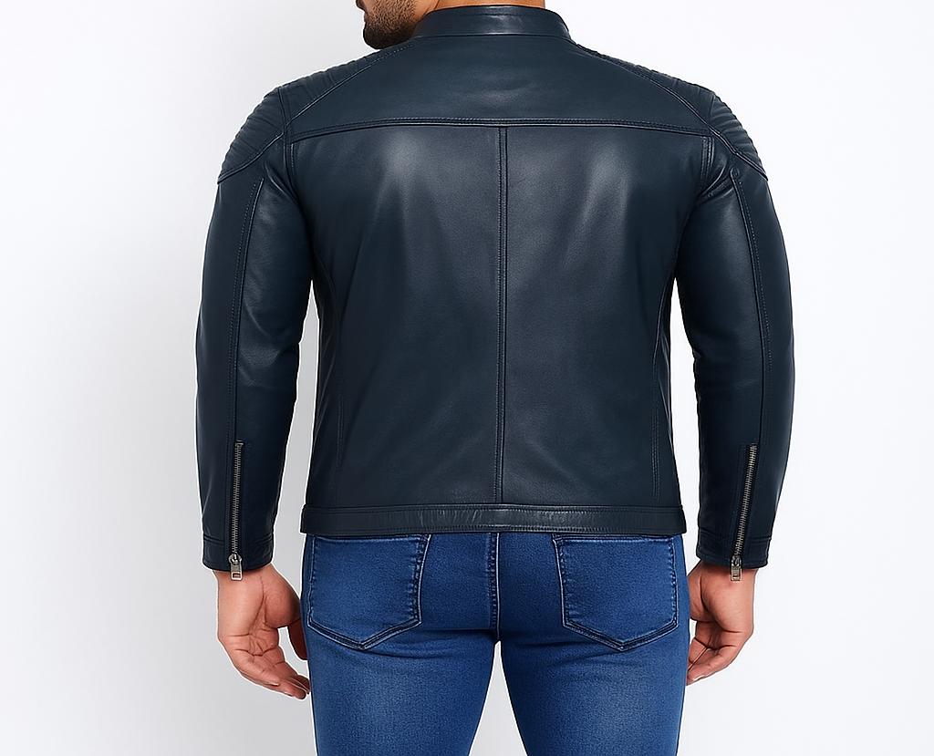 NOORA New Leather Jacket for Men Slim Fit Navy Blue Color