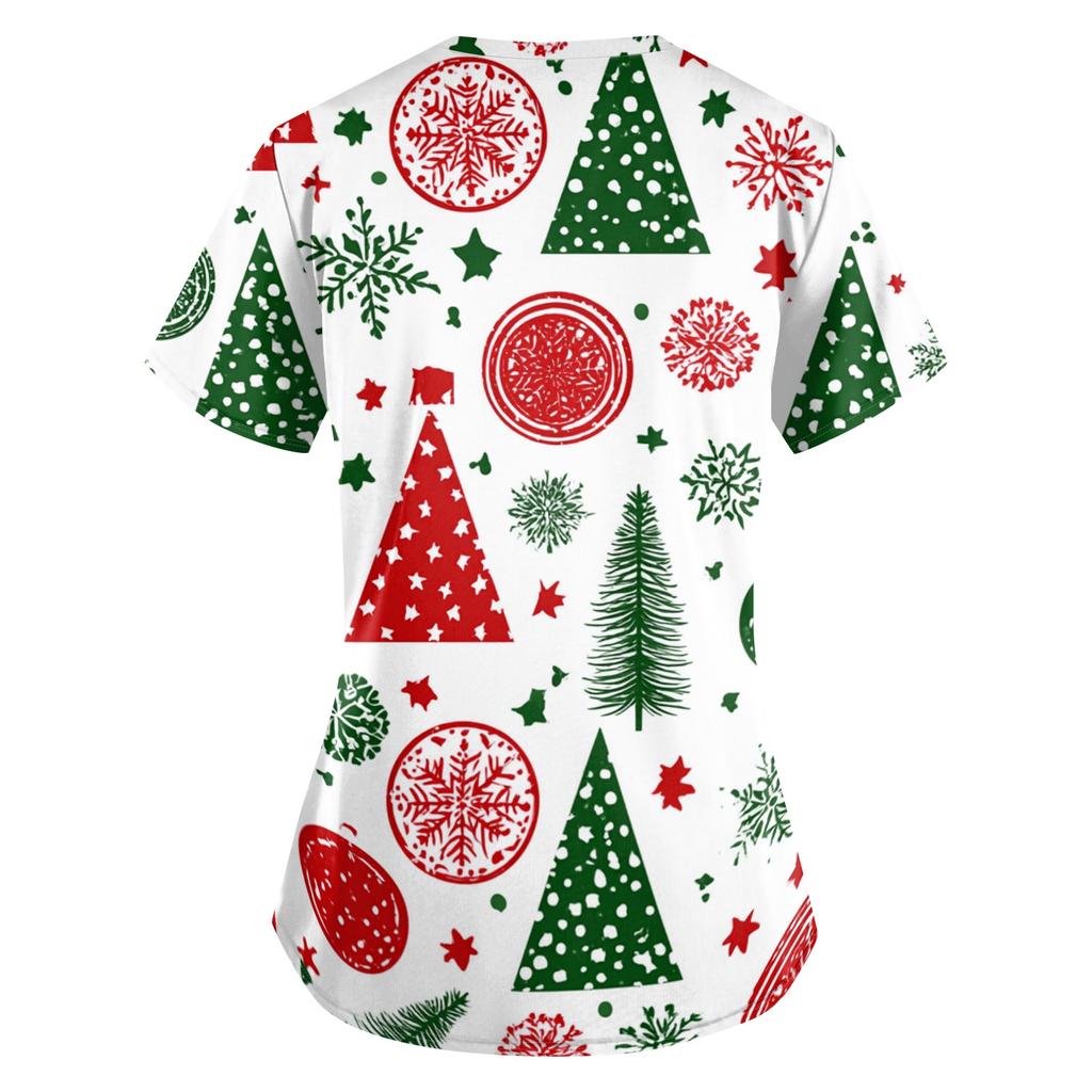 Women's Christmas Print Short Sleeve V-Neck Loose Fit Caregiver Uniform with Pockets