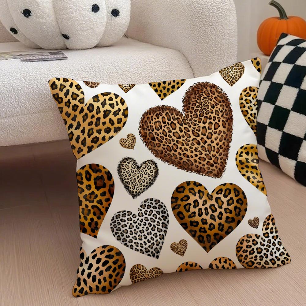 L-Leopard Print Hearts Pillow Trendy Cushion Cover Throw Pillow Cover Hidden Button Durable Polyester Chair Cushion
