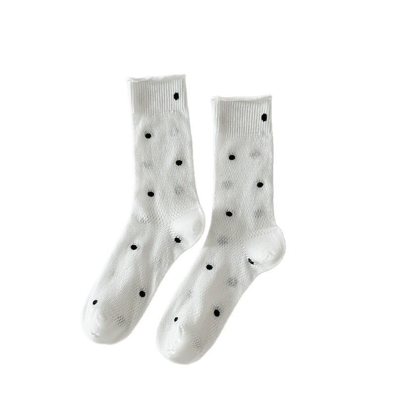 Women's Polka Dot Mid-Calf Cotton Socks with Rolled Cuffs - Retro Mesh, Breathable, Slouchy, Versatile, Casual Style