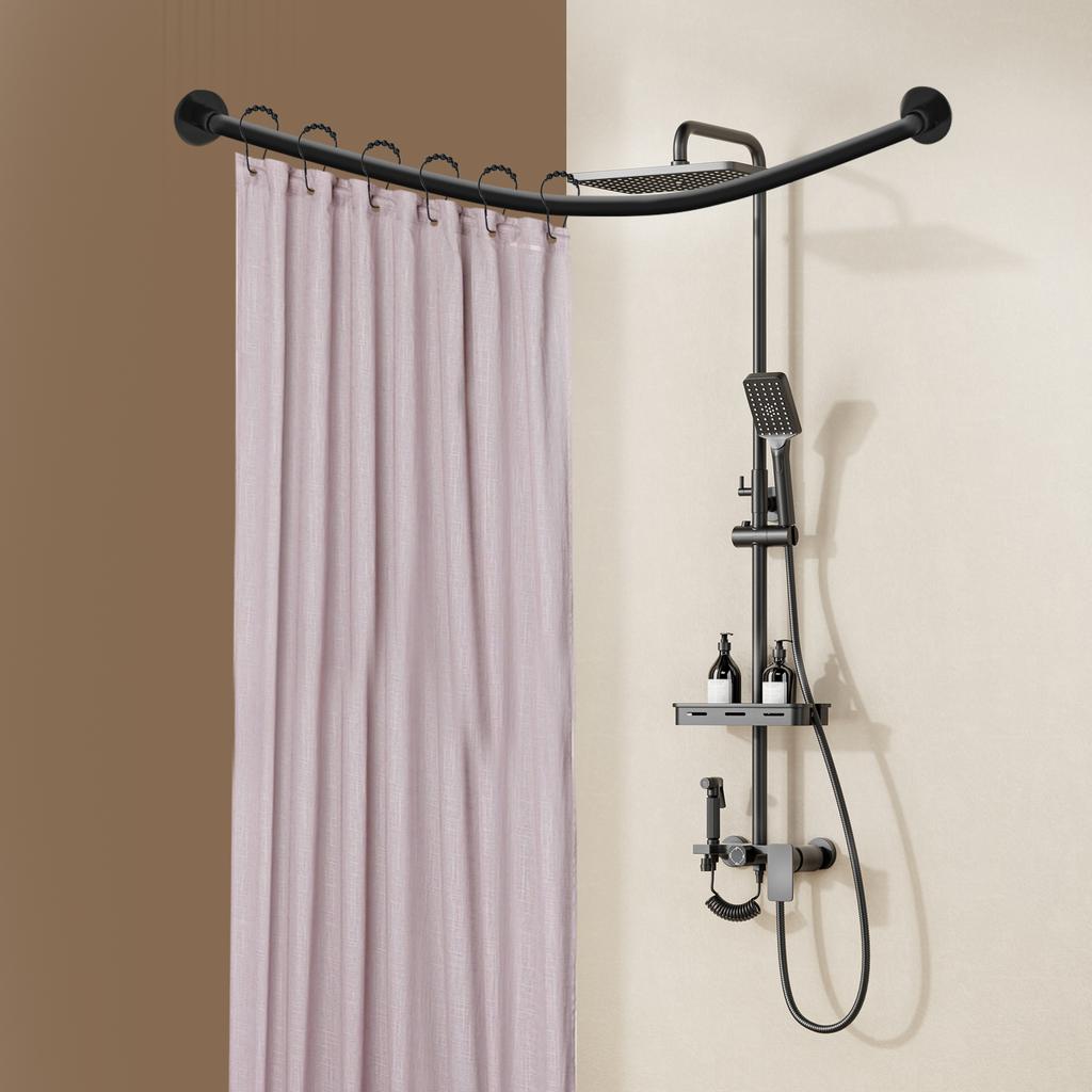 Stainless Steel Shower Curtain Rail L Shape No Drilling Shower Rail Corner Bathtub Telescopic Rod