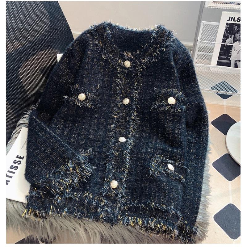 

GMXIA Женский свитер-пальто Fragrant Wind Thousand Bird Check, осенне-зимний женский вязаный кардиган с длинным рукавом и бахромой из искусственной норки One size чёрный