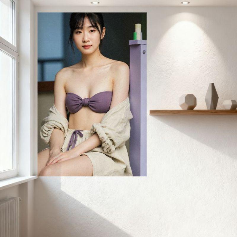 Sexy Young Asian Woman in Purple Bandeau & Beige Linen Outfit Tin Sign Metal Poster for Home Cafe Wall Decor Minimalist Serene A