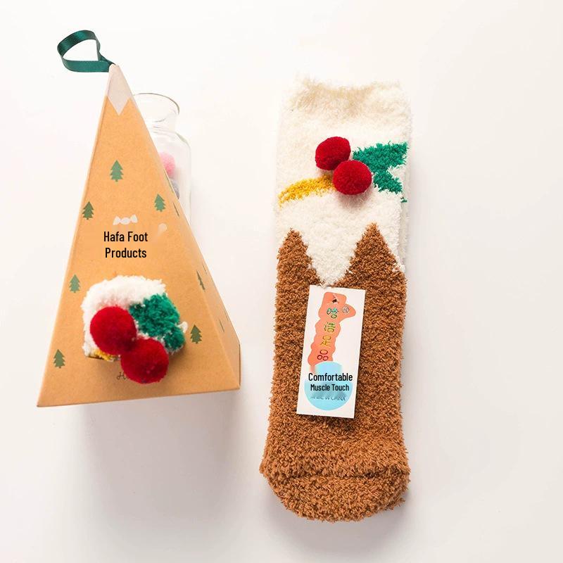 Japanese Christmas Cartoon Socks: Cozy Coral Fleece with 3D Embroidery for Women