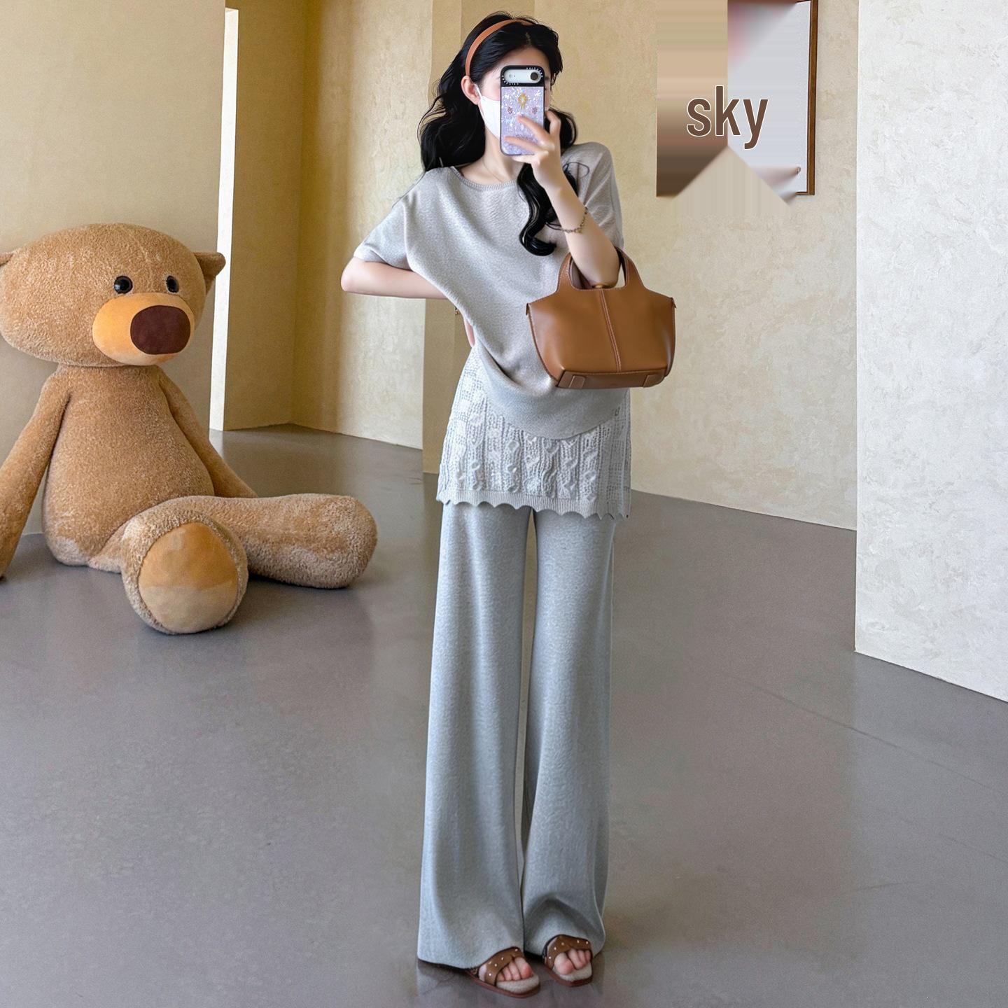 

2026 Fashionable Maternity Summer Set: Knit Slimming Top & Lace Trousers Two-Piece L