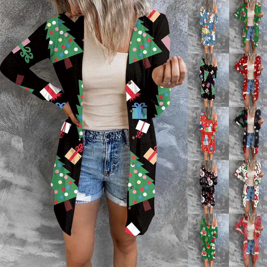Women's Christmas Cardigan – Reindeer Snowman Snowflake Santa Long Sleeve Open Front Flowy Hem Velvet