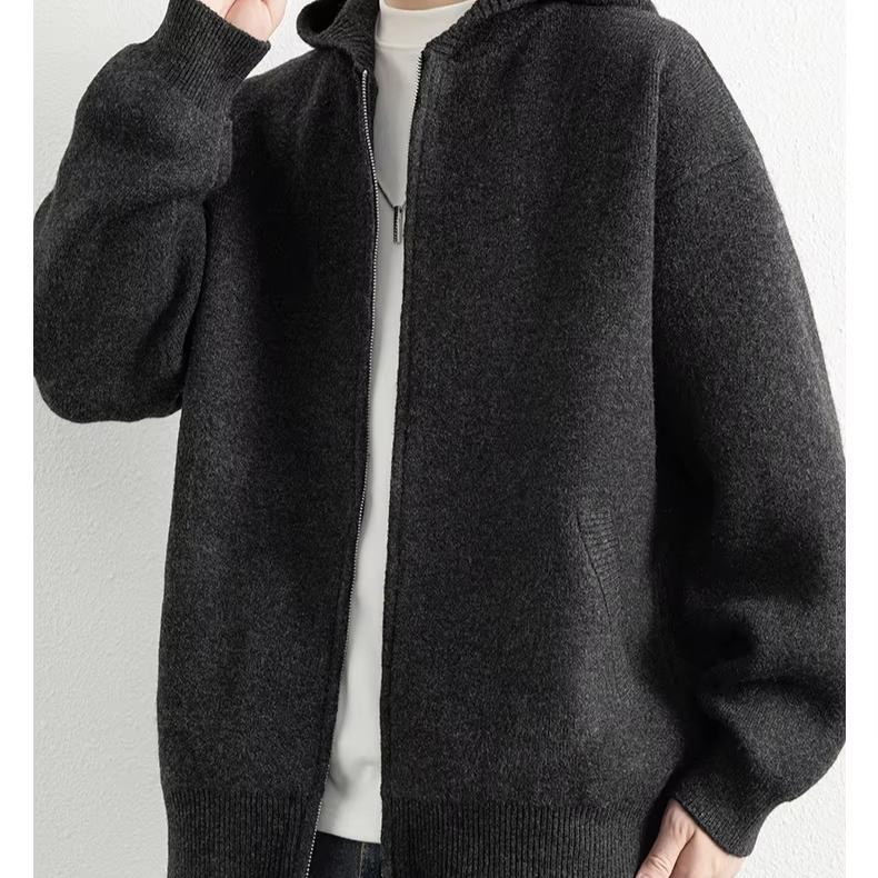 Legible Autumn Winter Casual Sweaters Men Solid Color Hooded Sweatercoats Male Loose Zip-up Knitted Cardigan Man