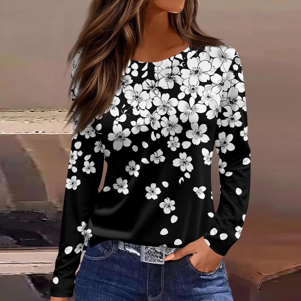 Women's T-shirt 3D Petals Falling Print Fashion Long Sleeve Round Neck Regular Top Holiday Weekend Spring and Autumn