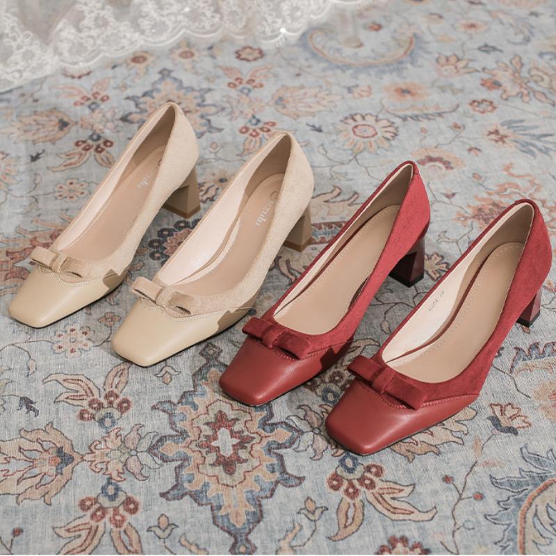 2024 Women High Heels Shoes Red Wedding Bow Tie Female Shoes Fashion Party Sexy Square Toe French Women Shoes Zapatillas Mujer