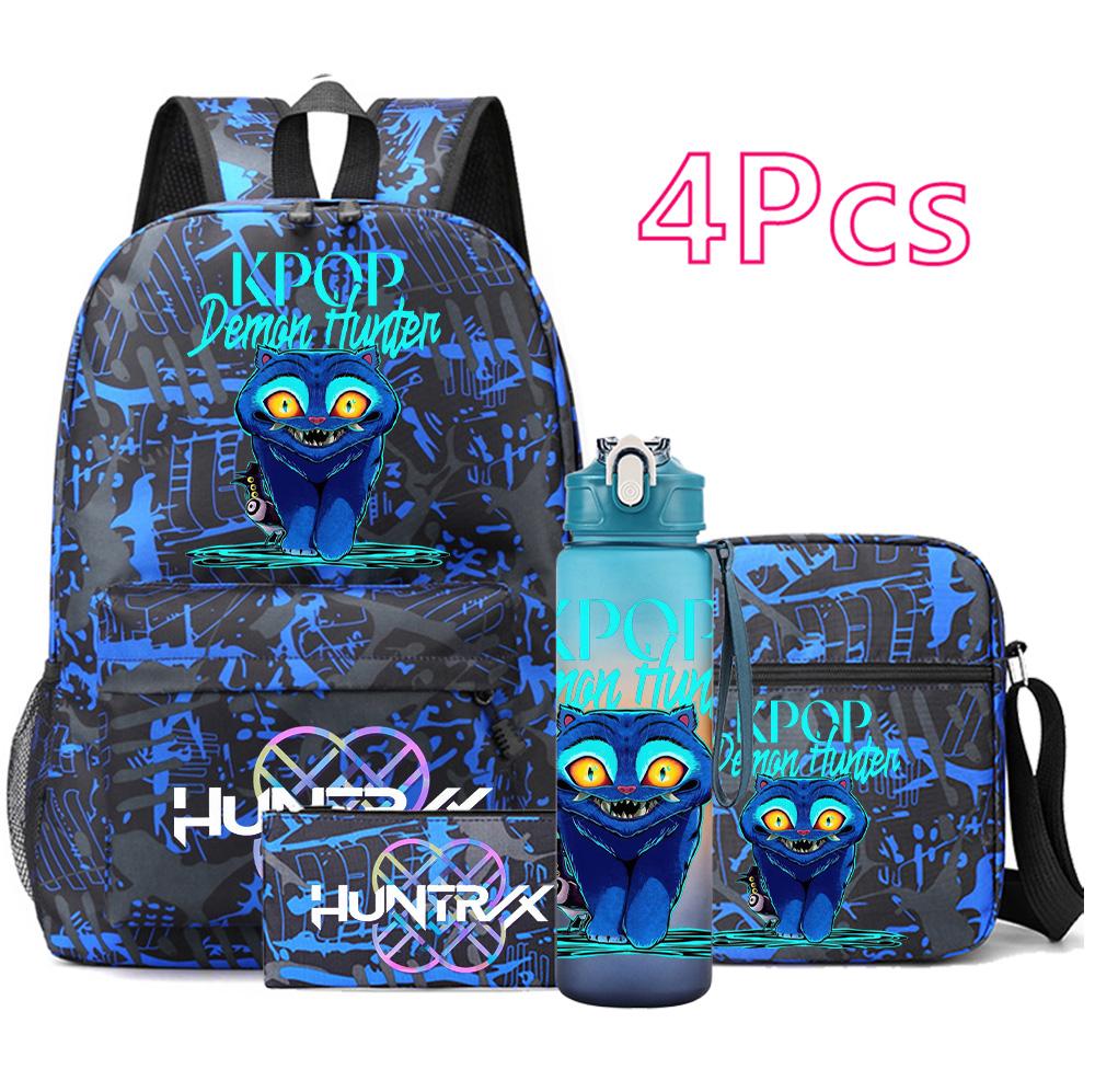 

4 шт./комплект Мультяшный рюкзак с принтом K-pop, большая вместимость, сумка для книг, сумка через плечо, чехол-сумка с бутылкой для воды 750 мл, школьная сумка для мальчика и девочки, подарок для ребенка