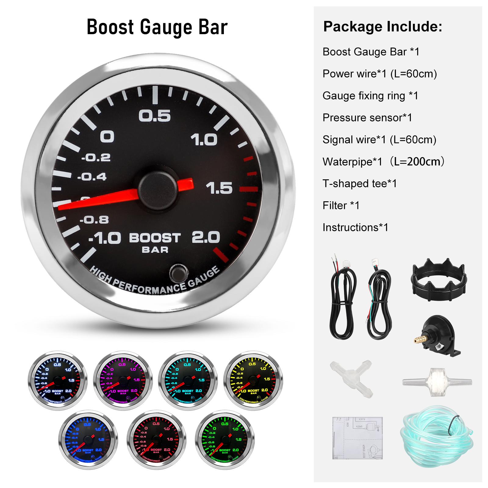 Universal 12V Auto Car 2 52mm Turbo Boost Gauge -1~0~2 BAR Pointer Turbo Boost Meter LED 7 Colors With Sensor & Stepper Motor Turbo Boost Gauge