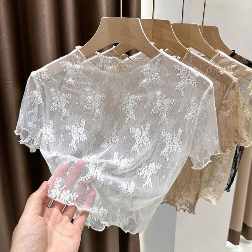 Nylon Sheer Mesh Blouse Short Sleeve Hollow Out Layering Tee Cool Sling Dress Cover Up  Women