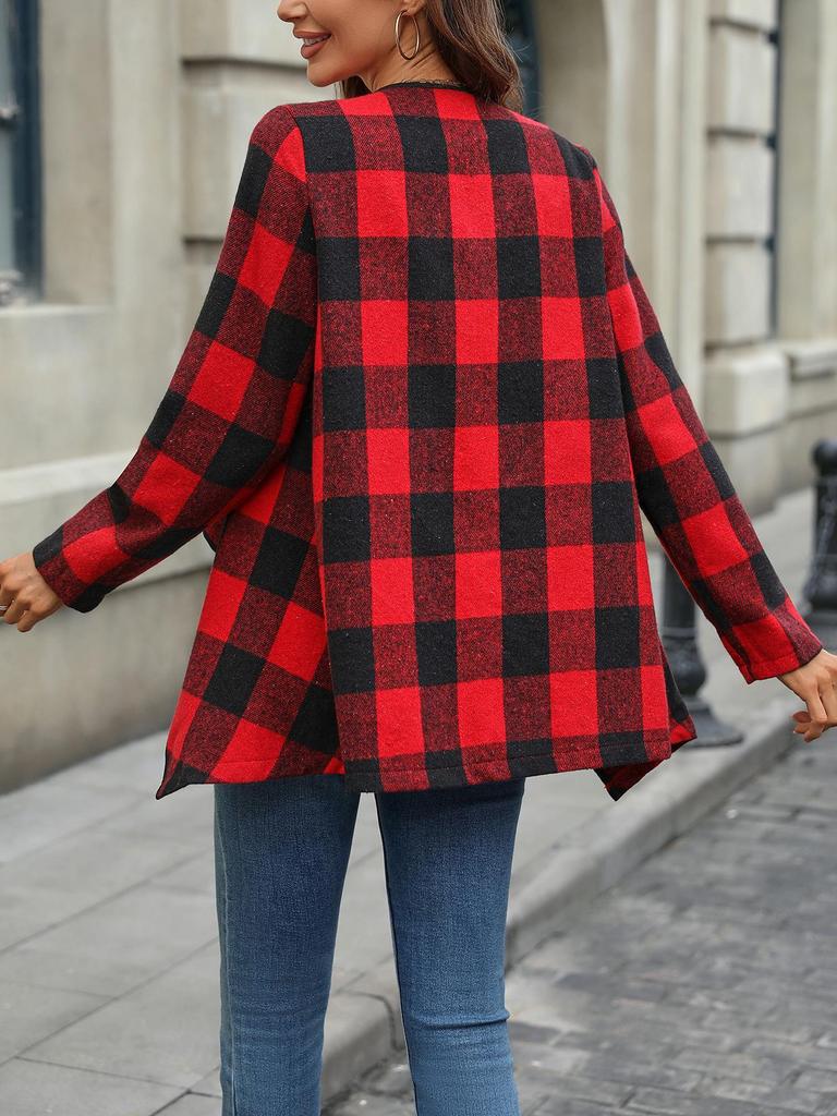 Dámská kostkovaná košile s dlouhým rukávem a nepravidelným kardiganem - Jarní styl pro dojíždění