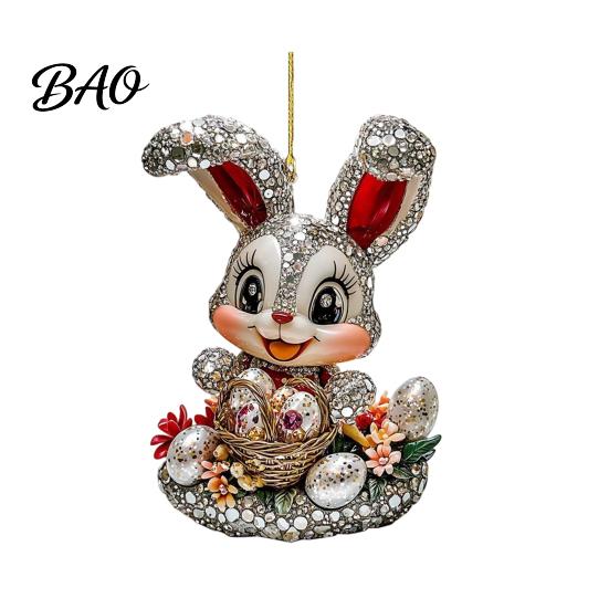 Lightweight Acrylic Rabbit Figurine Easter Bunny Pendant, Cute with Basket, 2D Car Party Favors Rearview Mirror Hanging Ornament, Bag Keychain