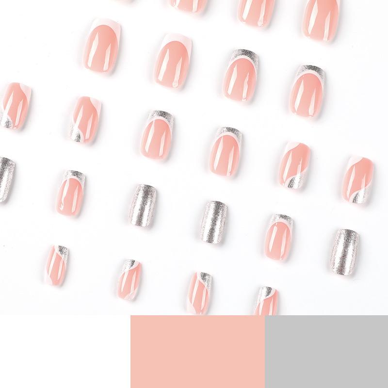 24Pcs/Set Quick Nails White Edge French Glitter False Nials Sticker Wearable Waterproof Manicure Finished Nails