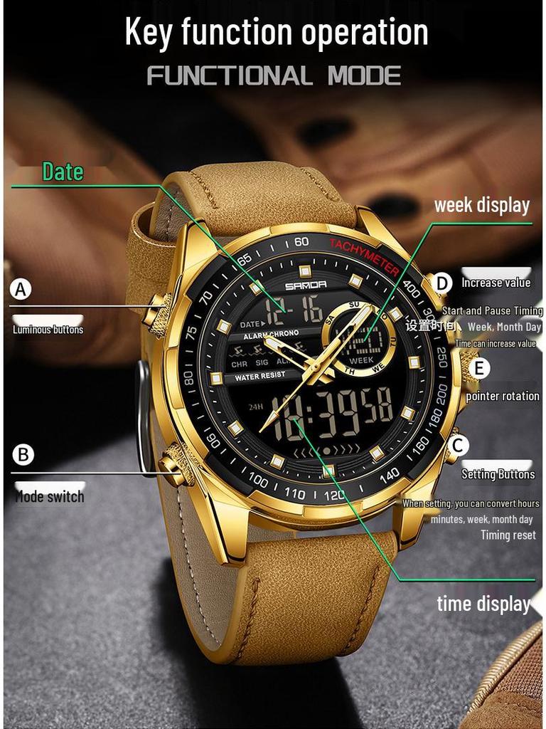 Sanda 6318 Men's Multi-Function Outdoor Sports Watch with Three-City Time, Countdown, and Waterproof Features