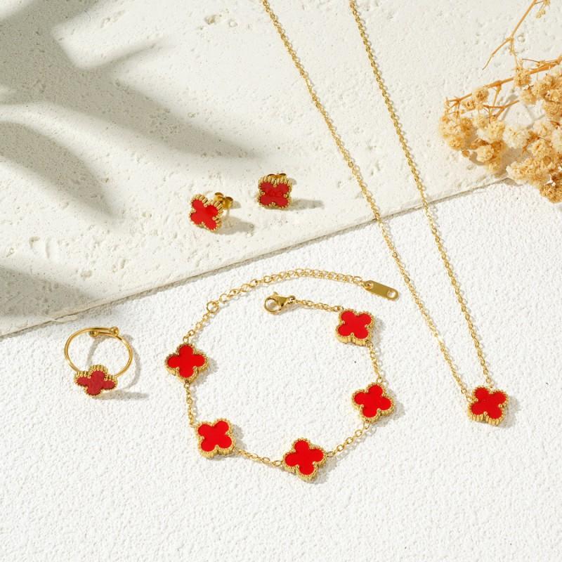 Stainless Steel Four Leaf Clover Jewelry Set Necklace Bracelet Earrings Ring Women Fashion Floral Gift