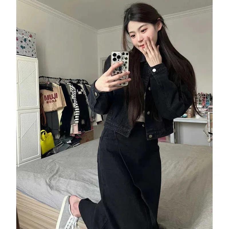 Women's Winter 2025 Korean Style Black Denim Jacket & A-line Skirt Set