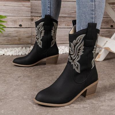 Bottes Brodées pour Femmes 2025 Automne Nouvelles Bout Rond Col en V Talon Bas Semelle Intermédiaire Bottes de Mode Antidérapantes Confortables Tendance Botte Cowboy