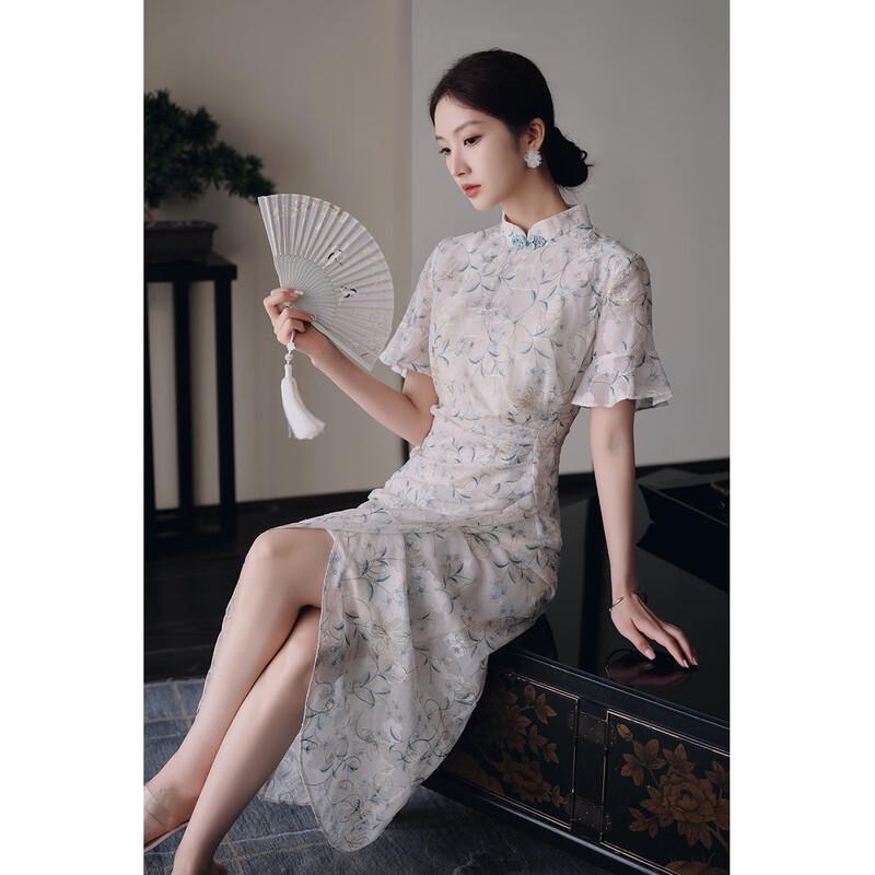 JK&JS New Chinese Style Chiffon Floral Slim Cheongsam Dress