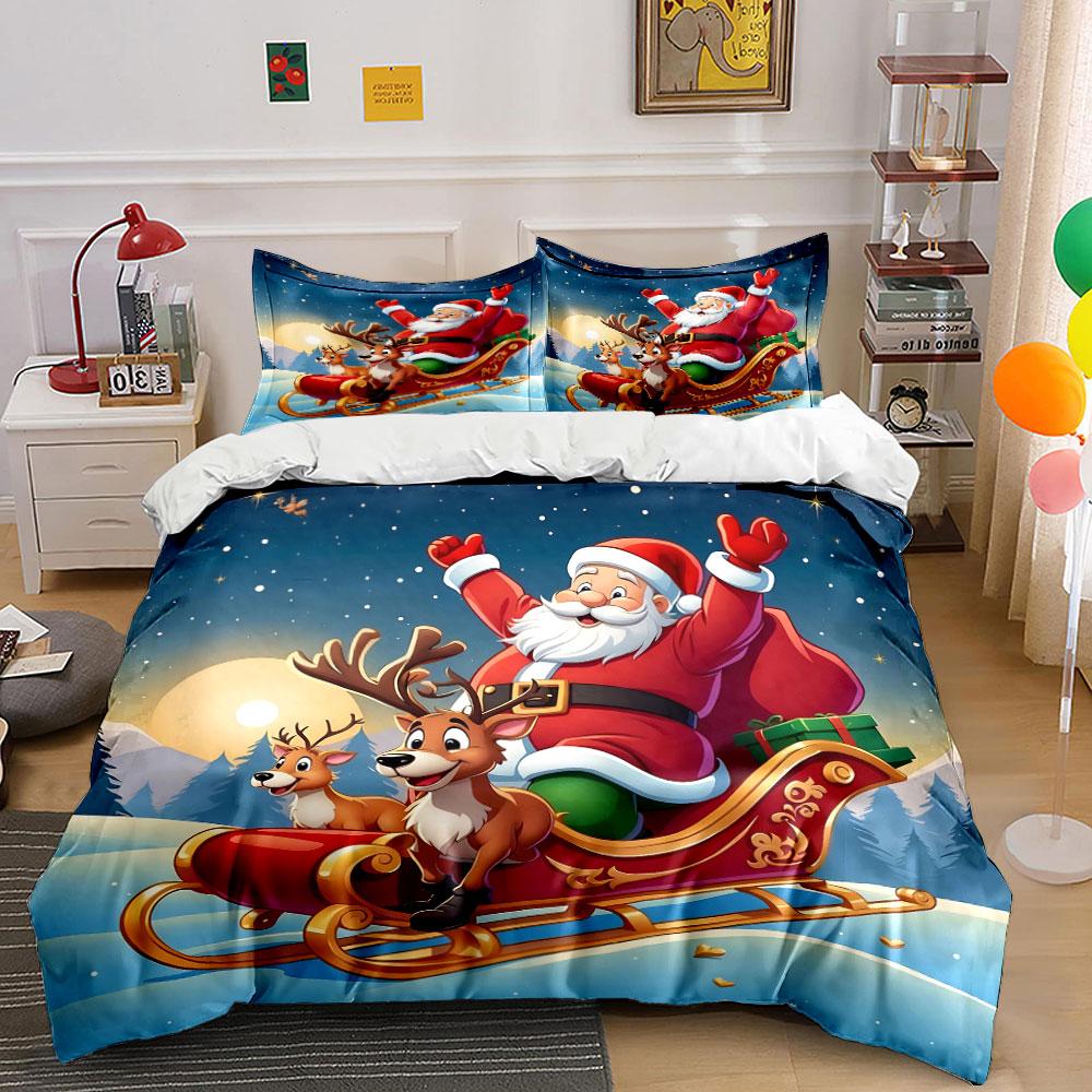 Santa Claus Sleigh with Reindeer Bedding Duvet Cover Set Duvet Cover Pillowcases (1*Duvet Cover 2*Pillowcases, Without Duvet Insert)