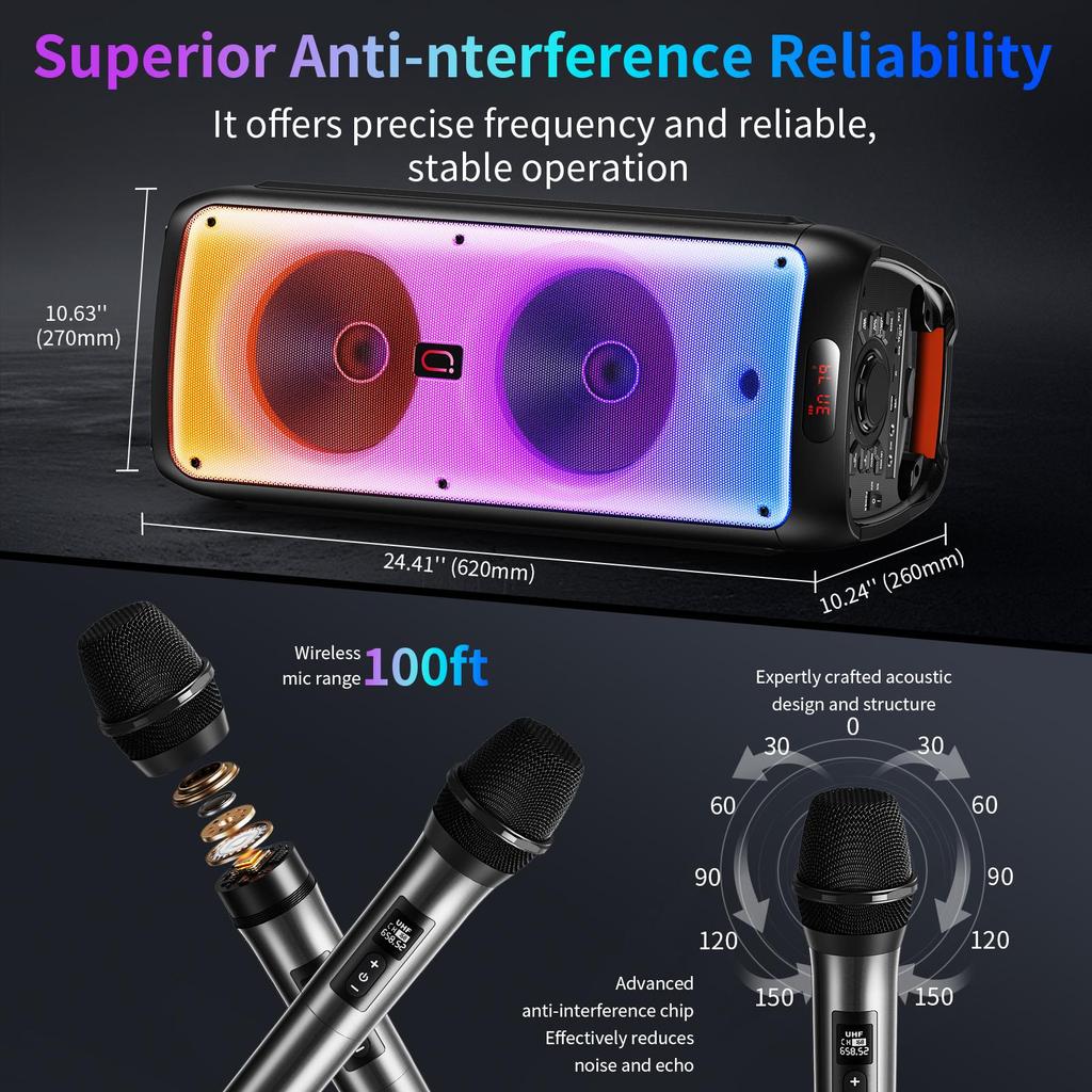 T38 Large Bluetooth Speaker, Wireless Speaker with Wheels and Push Rod, Karaoke Machine with Two Microphones With Tws