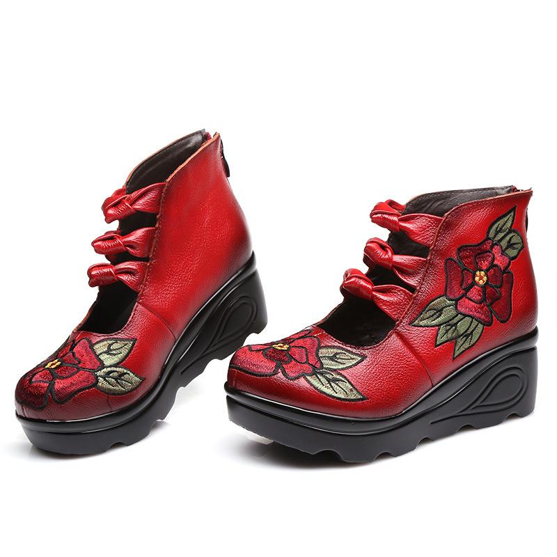 Fashion Women's Wedge Shoes Casual Female Sneakers Low Rubber Zip Embroider High Round Toe Floral Genuine Leather Butterfly-knot Leisure