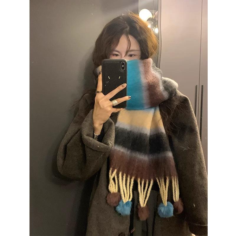 Brushed Warm Women's Soft Waxy Striped Cold Proof Long Dopamine Tassel Fur Ball Scarf