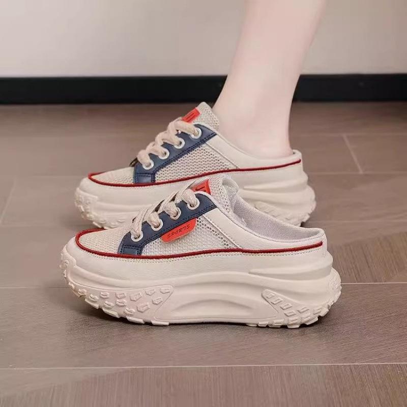 Thick Soles Increase Mesh Womens Sport Slippers Trend Lace Up Half Slipper Fashion Casual Shoes Ladies Slides Sneakers