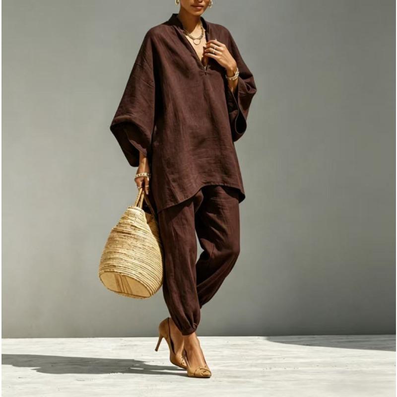 TIFICY Women's Fashion Casual Spring Autumn Solid Color Print Long Sleeve V-Neck Trousers Pants Suits