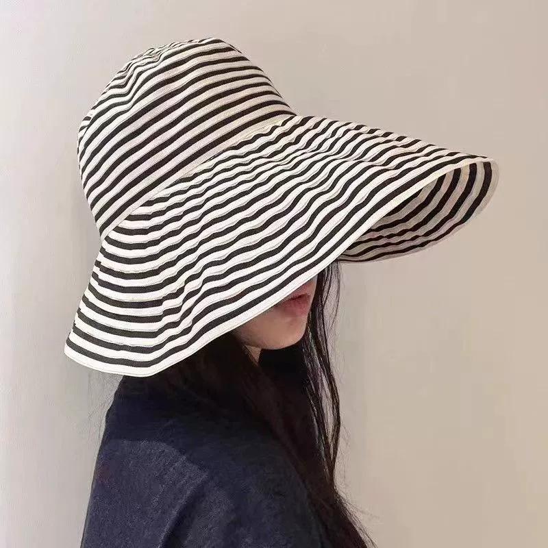 Foldable summer striped bucket hat new women's sun protection big brim sun hat versatile fashion sun hat