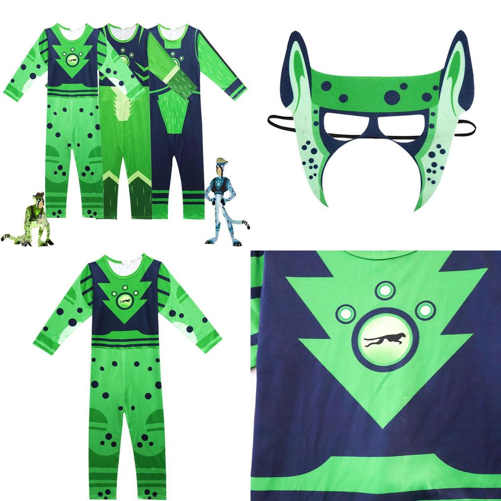 Costum Wild Kratts Puterea Creaturii Pentru Copii Cu Salopetă Verde Marin și Mască
