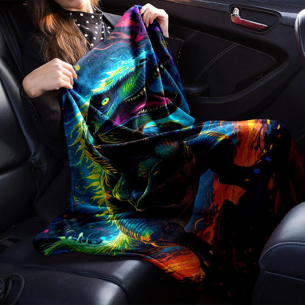 Neon Colorful T‑Rex Dinosaur Fantasy Art Print Flannel Blanket Soft Warm Throw Blanket for Sofa Bed Living Room