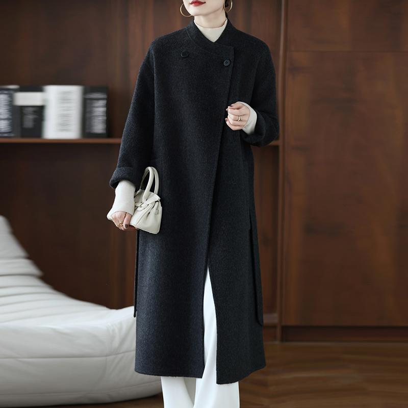 100% Wool Women Coat TIDENOVEL Autumn Wool Long Coat Handmade Pea Coat Winter Warm Wool Long Jacket Overcoat