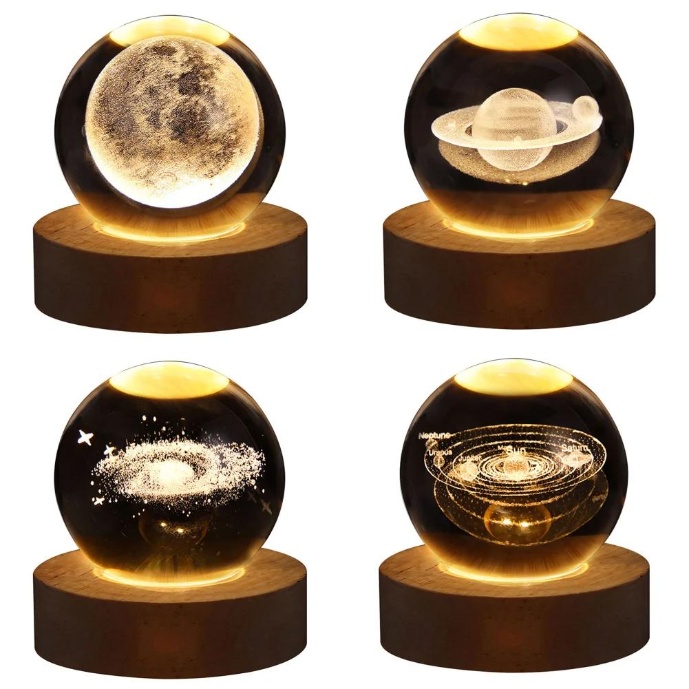 LED Crystal Ball Lamp Milky Way System Crystal Ball Glowing Solar System Crystal Ball with Wooden Base Glass Planet Nightlight