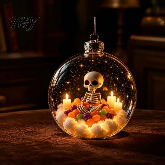 Spooky Pumpkin Ball Decor Halloween Clear Hanging Decoration, Glowing Sphere Ornament with Skeleton, Transparent Pumpkin, Spider Web, Black Cat Decor,