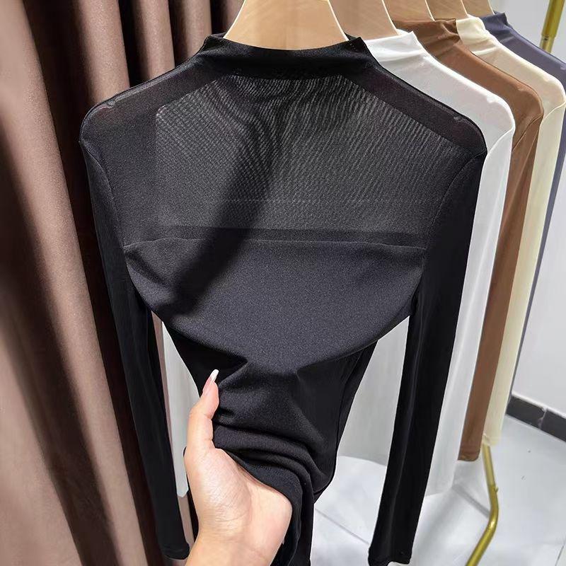 Women's Semi-High Neck Lace Mesh Top - Solid Color, Early Autumn 2025 Collection.
