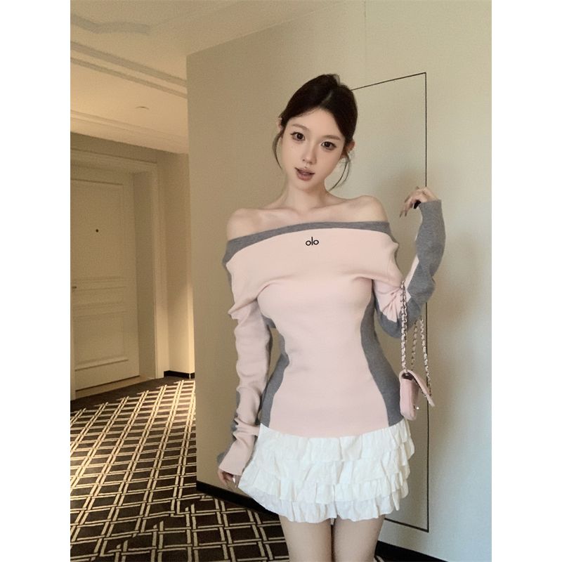 Kumikumi Pure Desire Style Letter Embroidery off-Shoulder Long sleeve Knit Women Autumn Waist Hugging Slimming Versatile Top