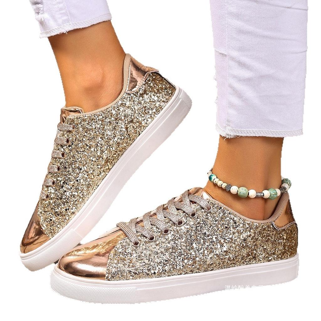 Plus Size Shoes for Women 36-43 Autumn Fashion Lace Up Flats Sequin Platform Shoes Zapatos De Mujer Non-slip Sneakers Women